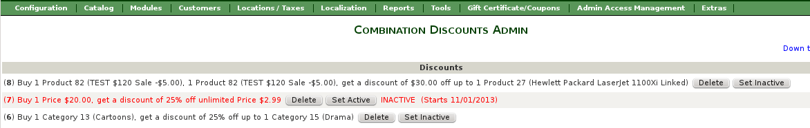 Zen Cart Combination Discounts Admin - set linkage inactive 