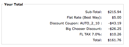 Zen Cart Payment page showing Big Chooser Discount and AutoCoupon discount