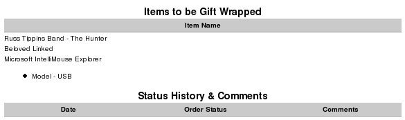 Zen Cart Account History page showing gift wrapping