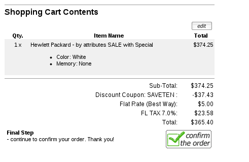 Example Zen Cart Checkout Confirmation Page with Sale Item and Coupon Discount