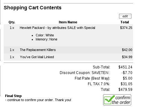 Example Zen Cart Checkout Confirmation Page with Sale Item and Coupon Discount