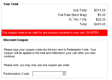 Example Zen Cart Coupon Entry Rejected