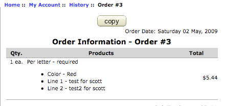 Zen Cart Order Copy button on Account History Information Page